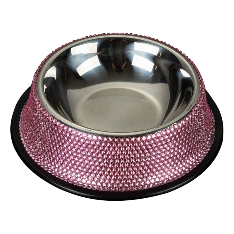Stilige hundeskåler i stål dekket med sølv/rosa glitter